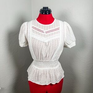 E&M White Swiss Dot Lace Smocked Peplum Blouse M